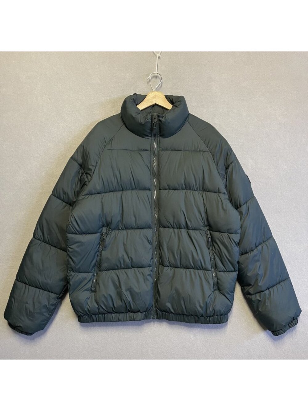 Zara Mens Forest Green Puffer Jacket High Collar Full Zipper XL Lightweight